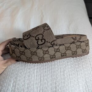 Gucci Tan and Brown Monogram Platform Sandals
